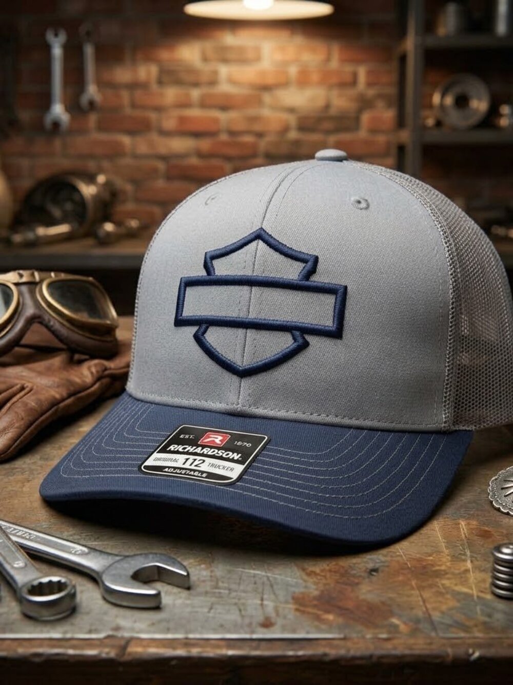 Retro Harley Davidson Hat Bar Shield Navy Grey Richardson 112 Snapback Cap USA
